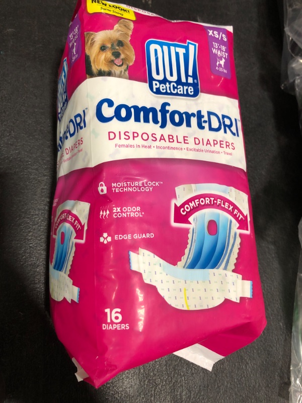 Photo 1 of OUT! Petcare Disposable Dog Diapers for Female Dogs, Dog Heat Diapers, Female Dog Period Pads, Female Doggy Diaper for Peeing, Pet Diapers for Small Pets,13”-18” Waist, XS/Small, 16 Count