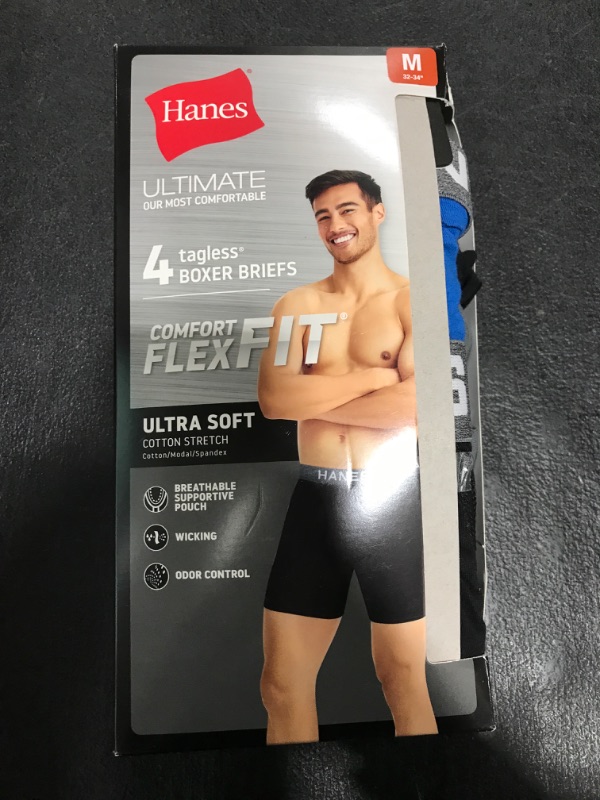 Photo 1 of Hanes Ultimate mens Comfort Flex Fit Ultra Soft Cotton Modal Blend 4-pack Boxer Briefs, Black/Grey/Blue - 4 Pack, Medium US