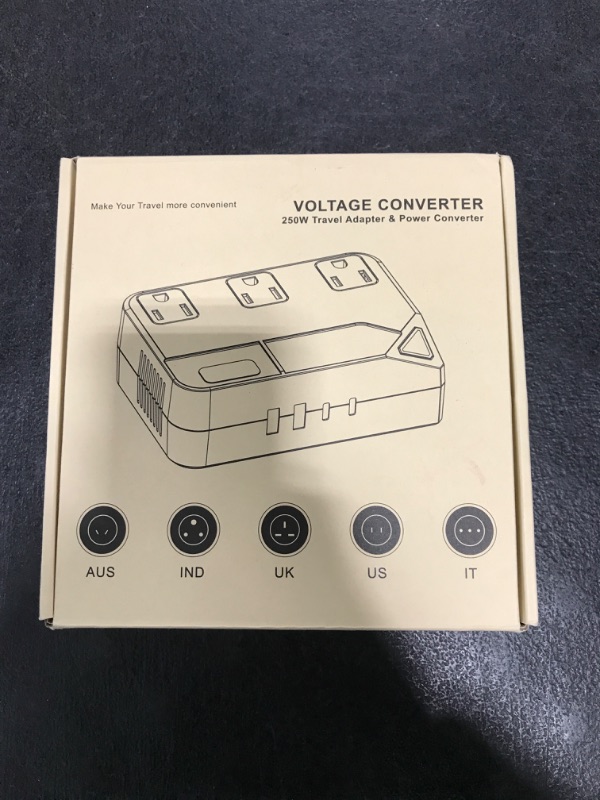 Photo 1 of Universal 100V-220V Travel Converter?250W Voltage Converter with 2 USB and 2 USB-C Charging Ports and 3 AC Plugs for curlers, straighteners, Included Plugs are Type A, C, D, G, I, L