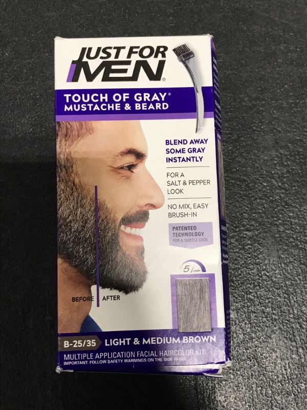 Photo 1 of Just For Men Touch of Gray Mustache & Beard, Beard Coloring for Gray Hair with Brush Included for Easy Application, Great for a Salt and Pepper Look - Light & Medium Brown, B-25/35, Pack of 1