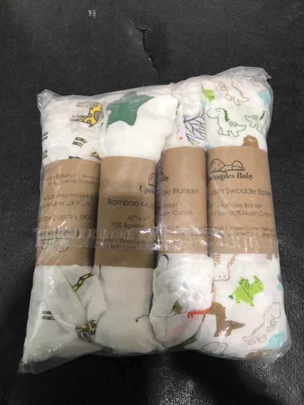 Photo 1 of upsimples Baby Swaddle Blanket Unisex Swaddles Wrap Soft Silky Muslin Neutral Receiving Blankets for Boys and Girls, Large 47 x 47 inches, Set of 4 - Fox/Elephant/Giraffe/Dinosaur
