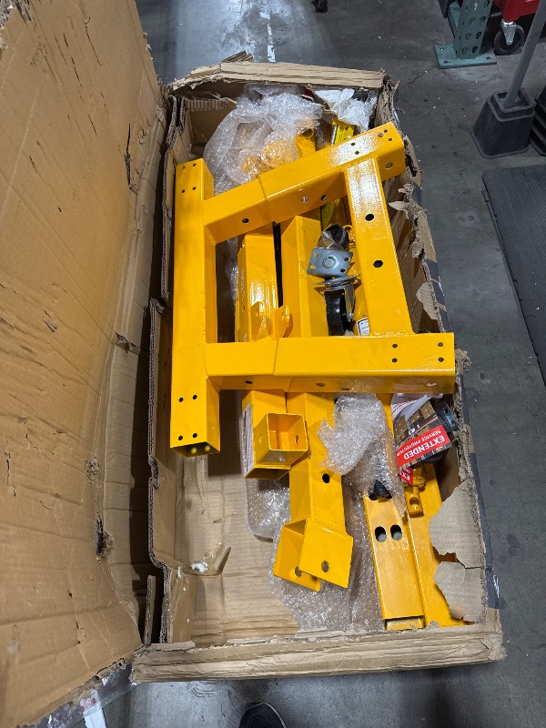 Photo 1 of Engine Hoist Folding Cherry Picker 4400 Lb Capacity Heavy Duty Hydraulic Shop Crane with Telescoping Boom 6 Steel Caster Wheels for Automotive Repair Garage Use Includes Hitch and Storage Stand Yellow