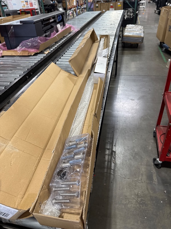 Photo 1 of ALAMEDADT 42'' x 96'' Glass Barn Door and 7 Ft Brushed Nickel Hardware Kit Included, MDF White Barn Door Slab with Frosted Glass, PVC Surface, Combined with Handle and Floor Guide-Assembly Required