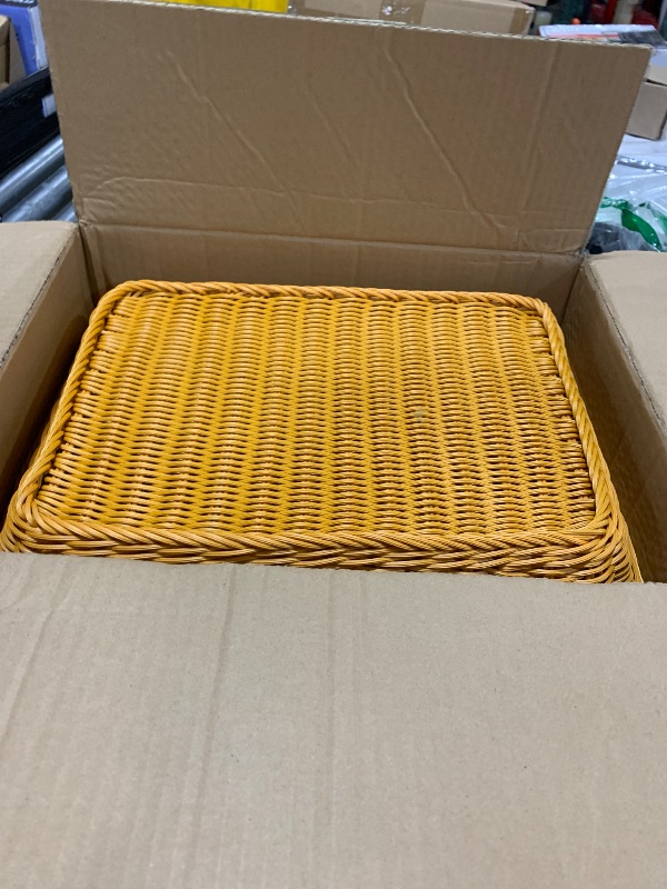 Photo 1 of Tioncy 10 Pcs Poly Wicker Woven Bread Basket Imitation Rattan Fruit Basket Tray Stackable Rectangular Food Baskets for Serving Display Storage Kitchen Restaurant Home Vegetable (15.75 x 11.81 x 3.15")
