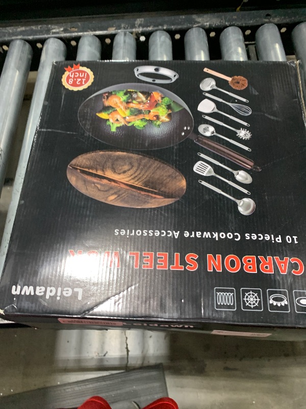 Photo 1 of Leidawn 12.8" Carbon Steel Wok-11Pcs Woks & Stir Fry Pans Wok Pan with Lid, No Chemical Coated Chinese Woks with 10 Cookware Accessories, Flat Bottom Wok for Electric, Induction,Gas Stoves