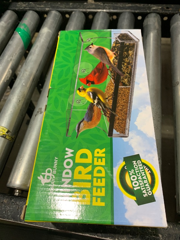 Photo 1 of Gray Bunny Window Bird Feeder with Strong Suction Cups, Rectangle Window Bird Feeders for Outdoors Viewing, Clear Transparent Squirrel Proof Birdfeeder, Drain Holes, Removable Tray Large Seed Capacity