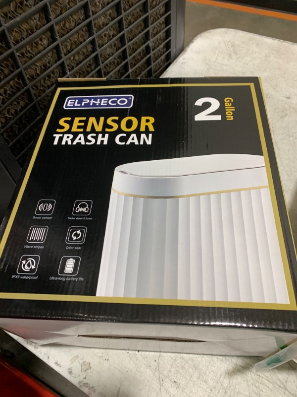 Photo 1 of ELPHECO Automatic Motion Sensor Trash Can - 2 Gallon Slimline for Bathroom, Bedroom, Kitchen, Office - White with Gold Trim