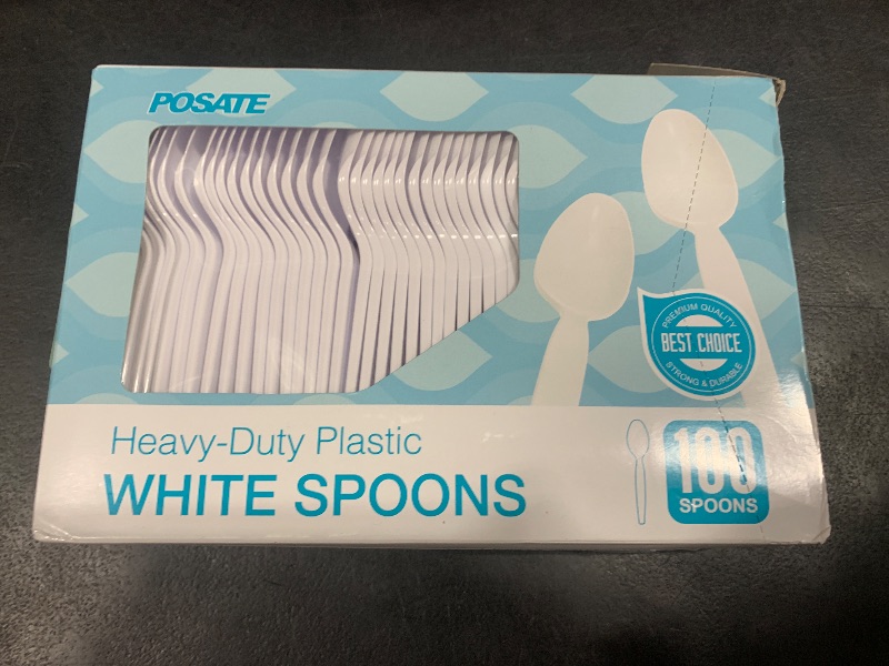 Photo 1 of POSATE Plastic Spoons, White, Heavy weight, 100 Count