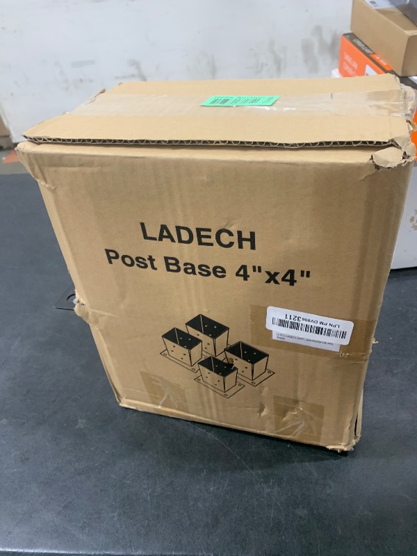 Photo 1 of (4 PCS) LADECH 4x4 Post Anchor Base with Bottom Drainage Hole, Black Powder Coated Brackets for Fence Posts, Pergola, Mailbox Post, Come with Wood Screws and Concrete Anchors (4, 4x4)
