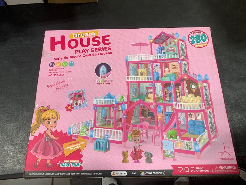 Photo 1 of TASTIEN Doll House, 4-Story Dollhouse with Glow in The Dark, Girl Toys Doll House Playset with 2 Dolls, 12 Play Areas, Furniture & Accessories, Princess Gift Toys for Girls Ages 3 4 5 6 7 8 9+, Pink