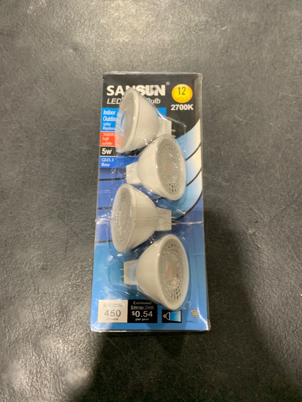 Photo 1 of SANSUN 5W MR16 LED Landscape Light Bulbs, Low Voltage 12V 50W Halogen Replacement for Outdoor Landscape Spotlight and Indoor Track Light, GU5.3 Bi-Pin Base, Warm White 2700K, Non-Dimmable (Pack of 4)