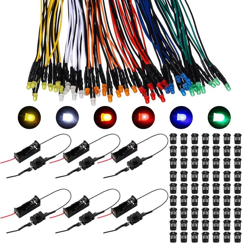 Photo 1 of 126 Pcs 12v LED Lights Kit, 60 Pre Wired LED Light Emitting Diodes 60 Plastic Lampholder 6 Battery Holder for Model Assortment Crafts Dollhouse (3 mm)
