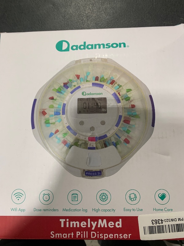 Photo 1 of Adamson TimelyMed Smart Pill Dispenser with Alarm - WiFi App Monitoring - 28-Day Medicine Dispenser for Elderly & Alzheimer's Care - Automatic with Lock Key - New Version