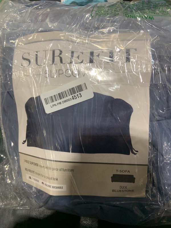 Photo 1 of SureFit Duck Cotton Sofa T-Cushion Slipcover - One Piece Slipcover, Relaxed Woven Fit, 100% Cotton, Machine Washable (T-Cushion Sofa, Bluestone Color)