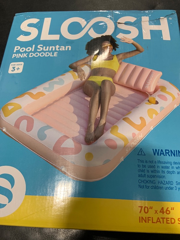 Photo 1 of SLOOSH Inflatable Tanning Pool Lounger Float, 70" x 46" Pool Floats Adult with Pillow, 4 in 1 Suntan Tub Raft Floatie,Sunbathing Bed Lounge for Water Blow Up Ball Pit Party Gifts, Pink Doodle