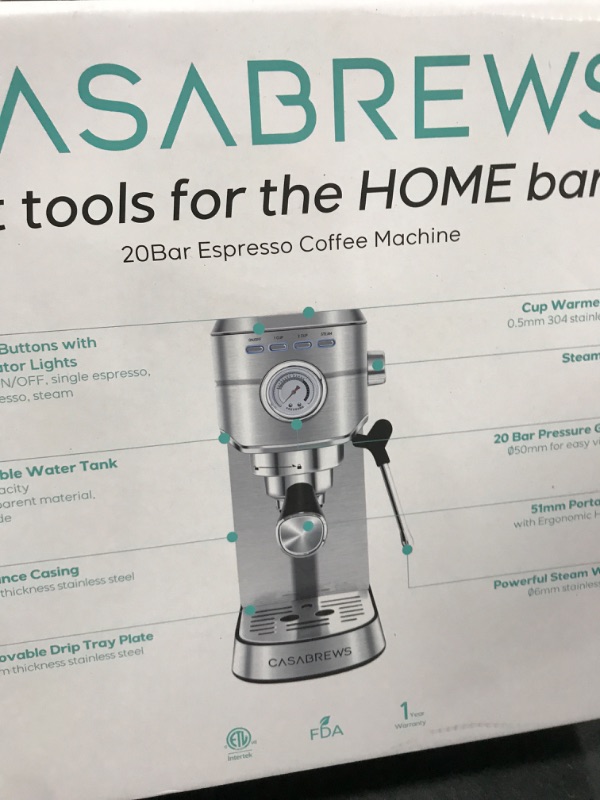 Photo 1 of CASABREWS CM5418 Espresso Machine 20 Bar, Compact Espresso Maker with Steam Milk Frother, Stainless Steel Coffee Machine with 34oz Removable Water Tank for Cappuccino, Latte, Silver