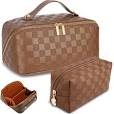 Photo 1 of BAGCRAZY Makeup Bag, Cosmetic Bag, Portable Leather Large Checkered Makeup Bag, 2 Pack Large Capacity Travel Cosmetic Bag for Women, Lightweight Design and Waterproof Toiletries Bag Christmas Gifts