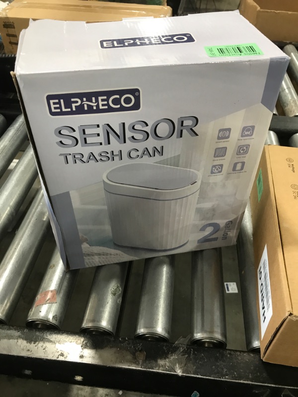 Photo 1 of ELPHECO Bathroom Motion Sensor Trash can 2 Gallon Automatic Garbage Can, Slim Plastic Smart Trash Can with Lid, Commercial Intelligent Trash Bin for Bedroom, Bathroom, Office, White with Grey Trim