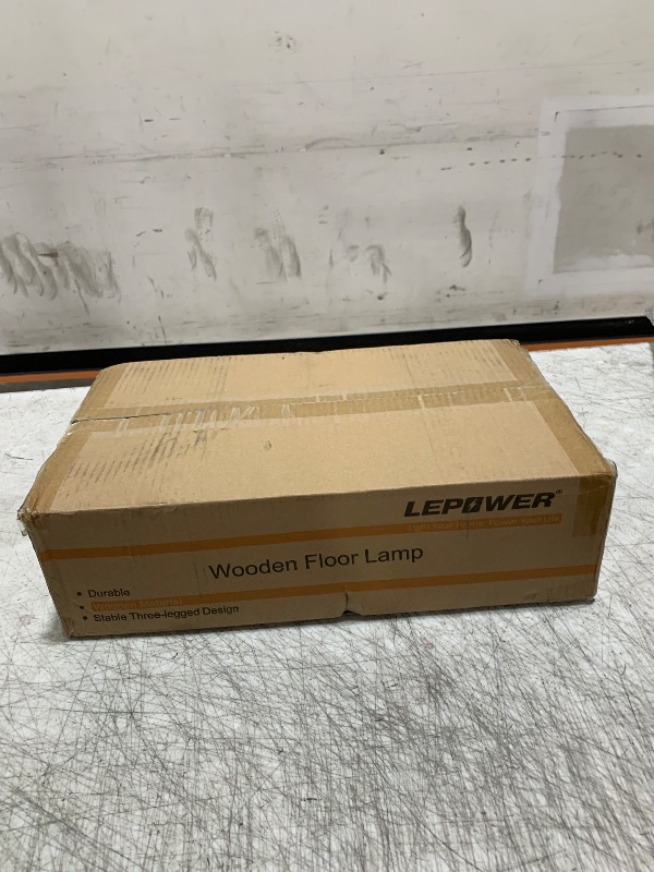 Photo 1 of LEPOWER Wood Tripod Floor Lamp, Mid Century Standing Lamp for Living Room, Flaxen Lamp Shade, Modern Design Standing Lamp with E26 Base, Tall Floor Light for Bedroom, Study Room and Office Brown