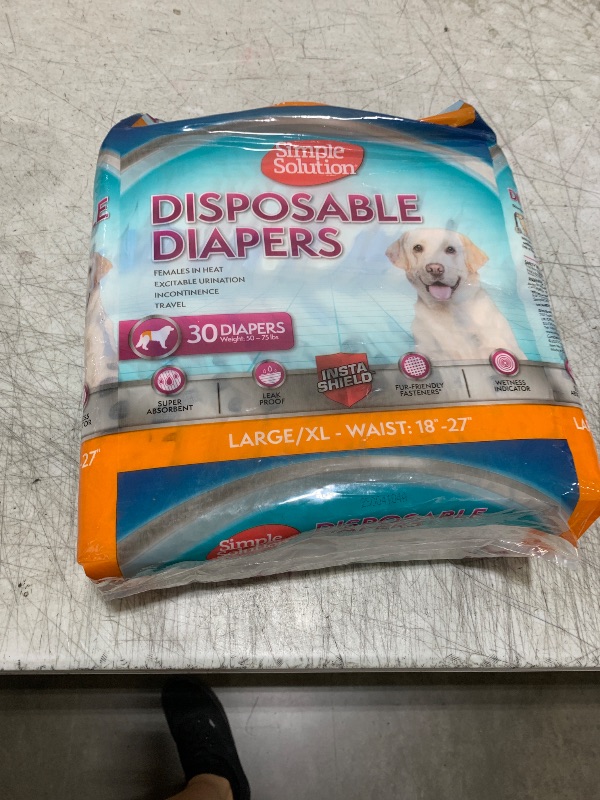 Photo 1 of Simple Solution Disposable Dog Diapers, Female Dog Diapers, Puppy Potty Training, Incontinence and Heat Cycle Protection, Large Diapers for Dogs, 18-27 Inch Waist, 30 Count