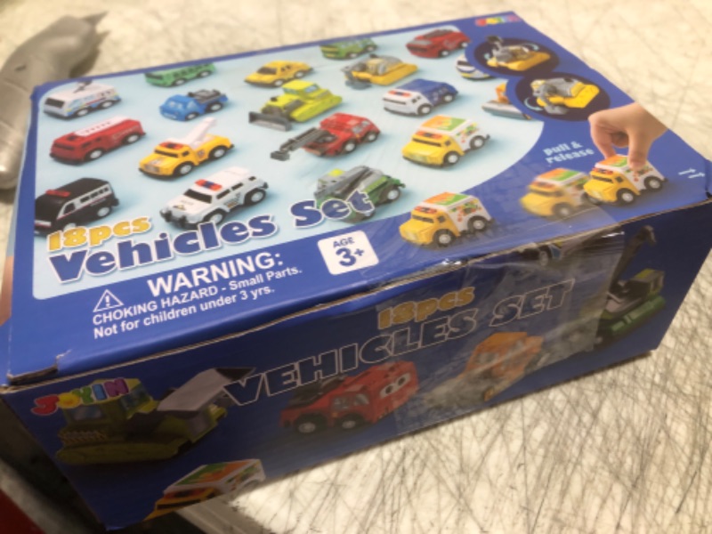 Photo 1 of JOYIN 18 Pcs Pull Back City Cars and Trucks Toy Vehicles Set, Friction Powered Cars Toys for Toddlers, Boys, Girls’ Educational Play, Kids Stocking Stuffers, Easter Basket Stuffers