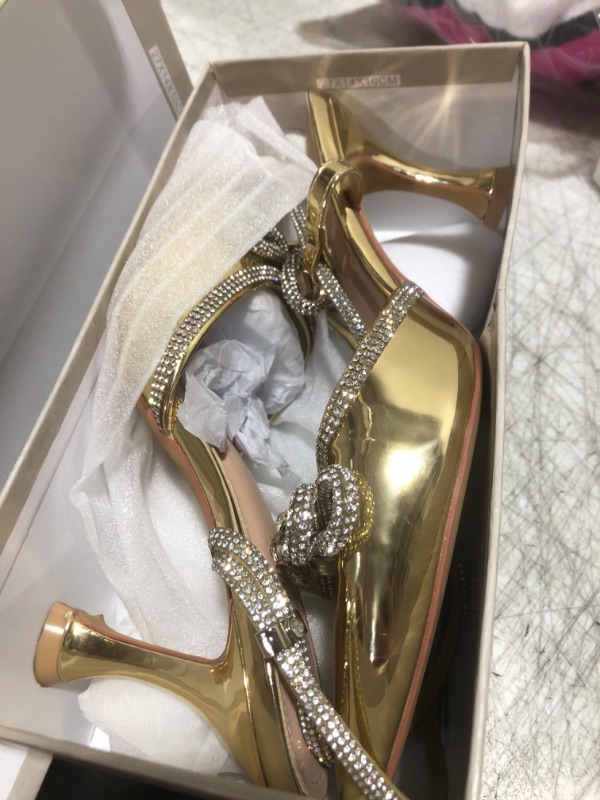 Photo 1 of Susanny Gold Rhinestone Heels for Women Bow Heels Evening Party Ankle Strap Closed Toe Pumps Office Kitten Heels Dress Heeled Prom Shoes 8.5