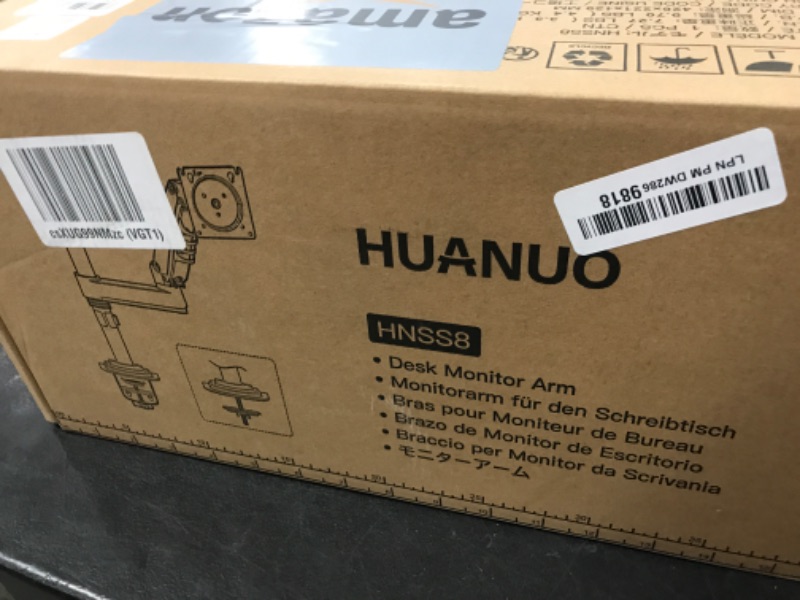 Photo 1 of HUANUO Single Monitor Arm, Adjustable Desk Mount for 13-34 inch Screens, Holds 19.8lb, 22.44 inch Max Height, Full Motion Swivel Monitor Stand with VESA 75x75mm and 100x100mm Compatibility