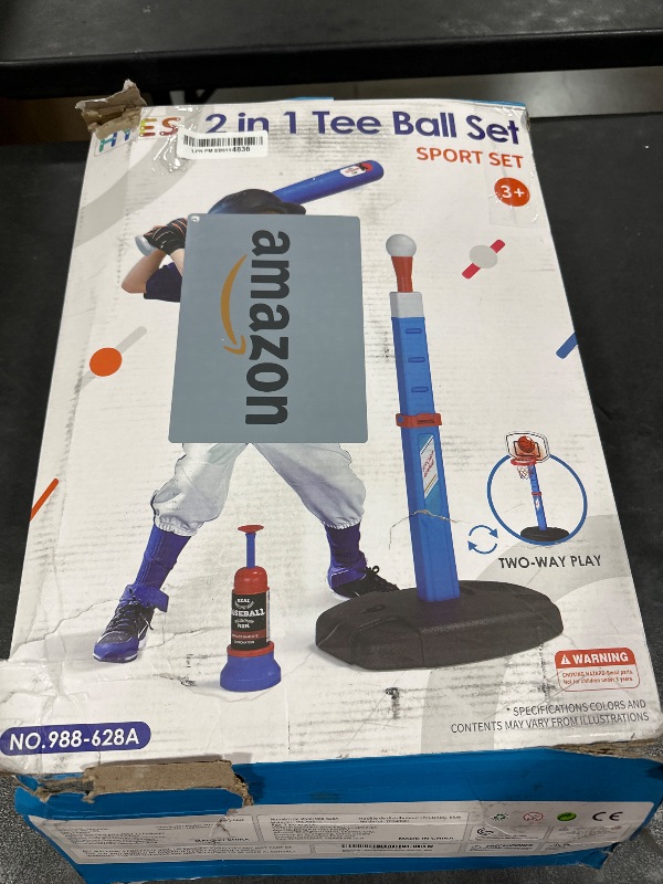 Photo 1 of HYES 2 in 1 Kids Basketball Hoop and T Ball Set - Adjustable Height, Kids Baseball Tee with Automatic Pitching Machine, Indoor Outdoor Sport Toys Gifts for Toddler Boys Girls Age 1-5, Blue