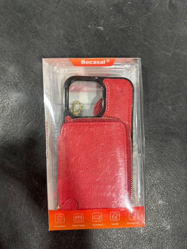 Photo 1 of Bocasal RFID Blocking Wallet Case for iPhone 13 Pro, Adjustable Crossbody Zipper Purse Case Card Holder with Kickstand Detachable Wrist Strap, PU Leather Flip Folio Case 6.1 Inch 5G (Red)