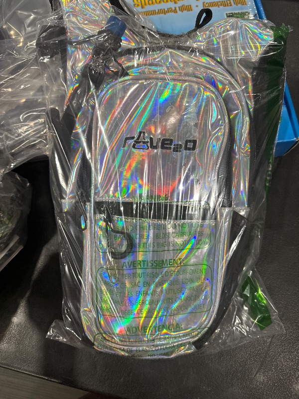 Photo 1 of Rave2o Anti Theft Rave Hydration Backpack 1.5L Insulated Bladder Hidden Pockets - Festival Hydration Pack Water Backpack for Festivals, Hiking, Running - Men Women Kids Hydro Pack - Holographic Silver