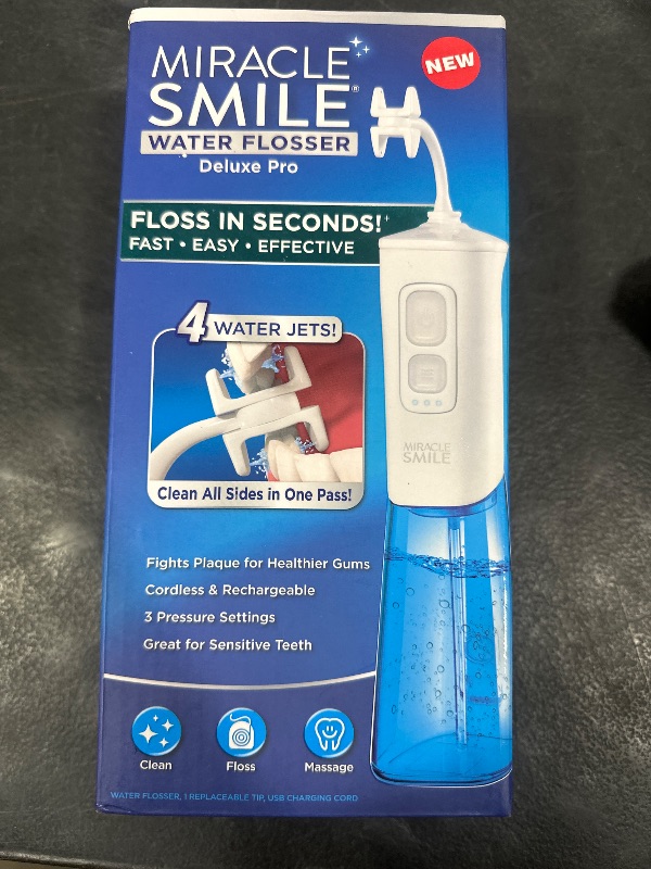 Photo 1 of Ontel Miracle Smile Water Flosser for Teeth&Gum Health, Unique H-Shaped Flossing Head&4 Water Jets, Cordless Water Flosser Features 360° Cleaning&3 Pressure Modes, USB Rechargeable Dental Floss, White