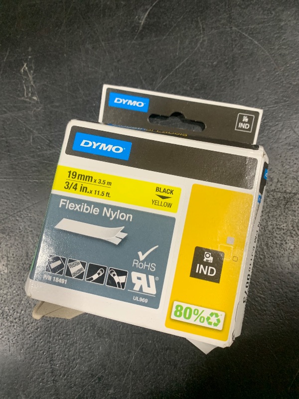 Photo 1 of DYMO Rhino Industrial Flexible Nylon Labels, 3/4" x 11.5', Black Print on Yellow Tape