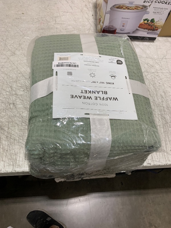 Photo 1 of 100% Cotton Blanket for King Size Bed - Green Waffle Weave Lightweight Summer Bed Blanket - 102x90in Prewashed Breathable, Woven, Layering Blanket (King, Eucalyptus)