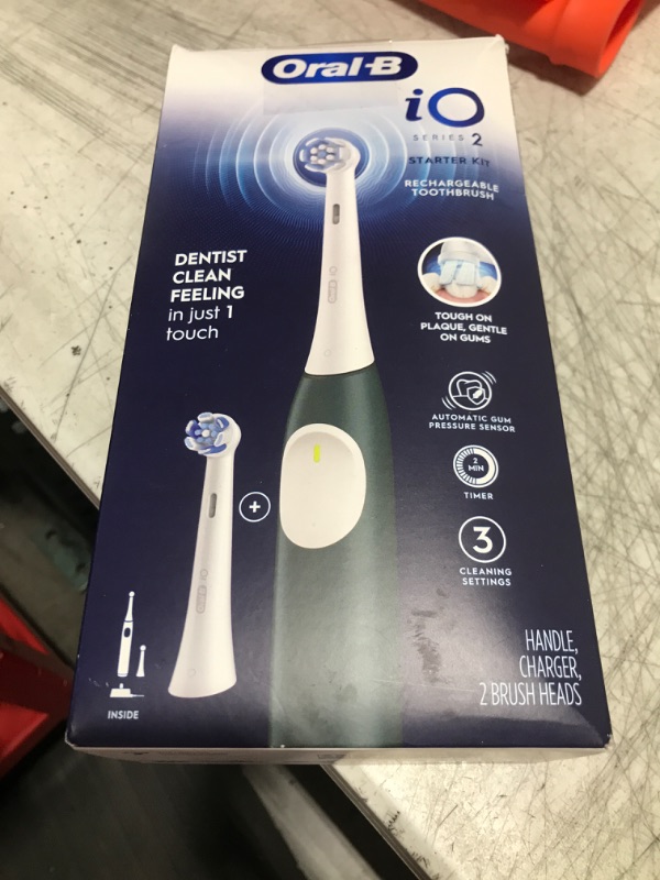 Photo 1 of Oral-B iO Series 2 Rechargeable Electric Powered Toothbrush Starter Kit, Forest Green with 2 Brush Heads - Automatic Pressure Sensor to Protect Gums - 3 Modes - 2 Min Timer