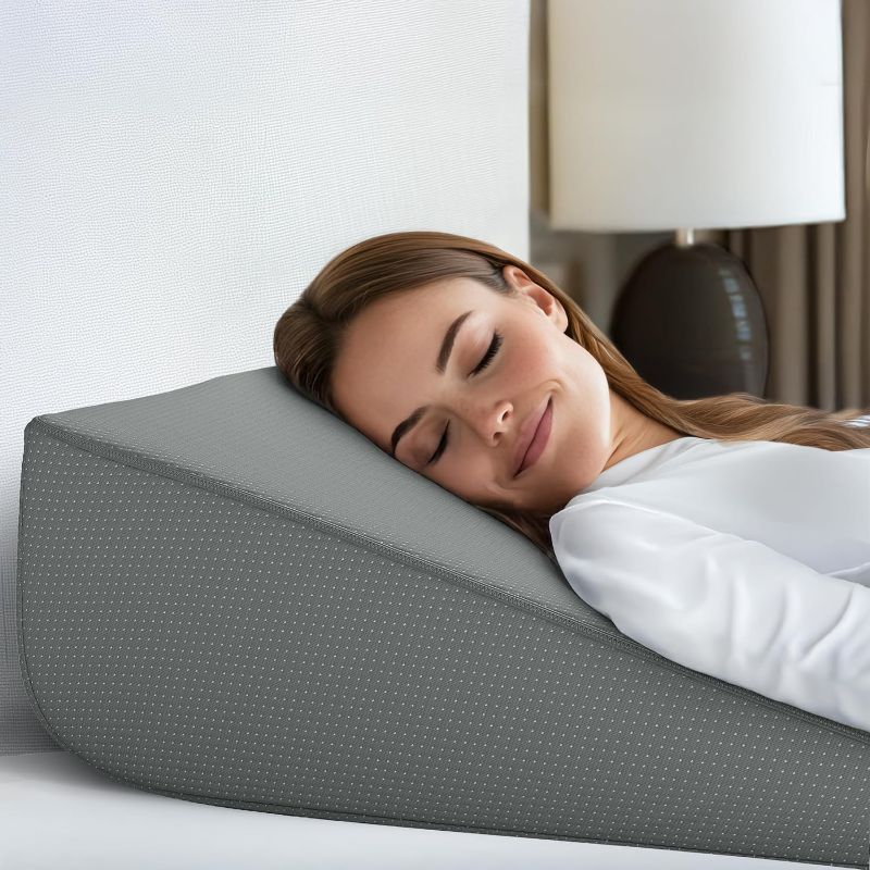 Photo 1 of Bed Wedge Pillow | Unique Curved Design for Multi Position Use | Memory Foam Wedge Pillow for Sleeping | Works for Back Support, Leg, Knee | Includes Cover Plus Extra Sheet (Dark Grey)