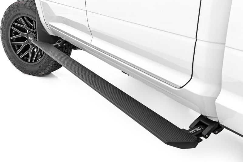 Photo 1 of Rough Country Power Running Boards with LED Step Lights for Ram 2500/3500 Quad Cab (2010-2025) - Dual Motor Electric Powerstep Board and Retractable Truck Steps