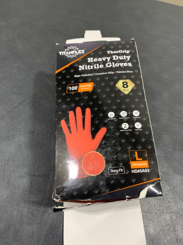 Photo 1 of TitanFlex ThorGrip Heavy Duty Industrial Orange Nitrile Gloves, 8-mil, Gloves Disposable Latex Free with Raised Diamond Texture Grip, Powder Free, Rubber Gloves, Mechanic Gloves,100-ct Box (Large)