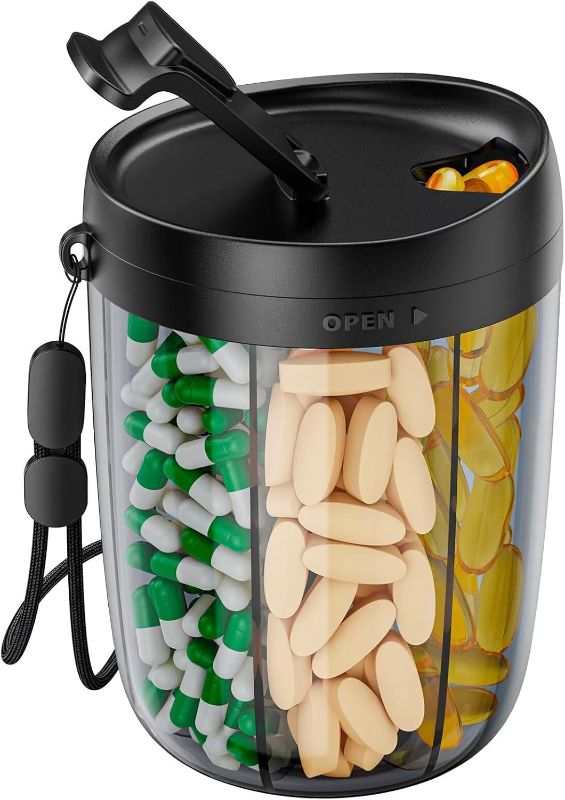 Photo 1 of PULIV Large Pill Bottle Organizer, Supplement Organizer for Holding 6 Various Vitamins, Pill Box Case with Anti-Mixing & Wide Opening Design, Easy to Retrieve Meds, Includes 20 Pcs Stick-on Labels