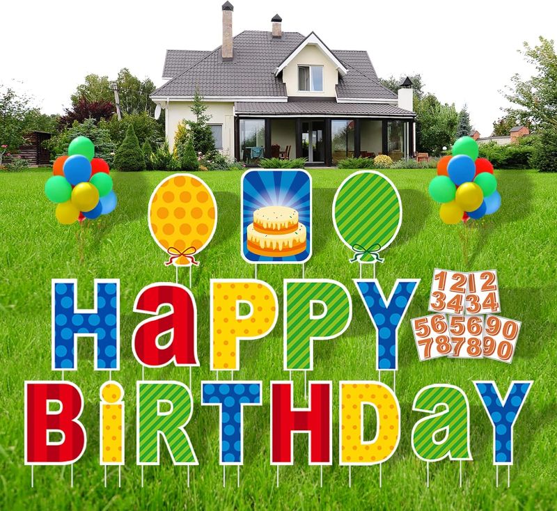 Photo 1 of 16 Pcs Happy Birthday Yard Sign with Stakes, Personalized Age Plastic Signs with 20 Number Stickers, Bright & Colorful Letters, Weatherproof, Perfect Outdoor Lawn Birthday Decorations