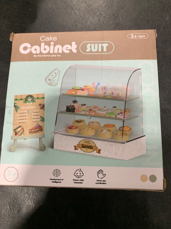 Photo 1 of Miniature Bakery Display Cabinet, Brown Cake Stand for Dollhouse Decoration, Functional DIY Playset for Kids, 5.31 X 5.11 X 2.55 Inches