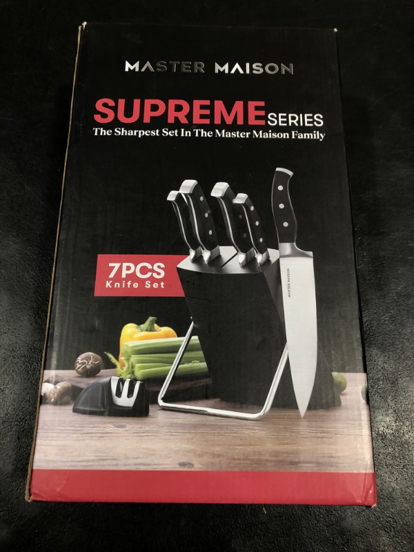 Photo 1 of Master Maison 7-Piece Knife Block Set - German Stainless Steel Kitchen Knife Set with 8 Inch Chef's Knife, Knife Sharpener, and Black Wooden Block - Professional Cooking Kniveslpnpmdu3074086