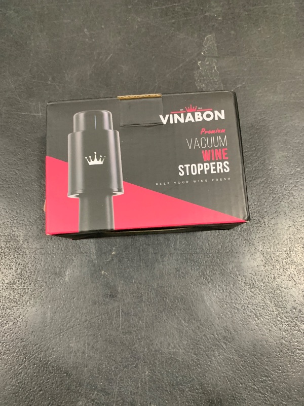 Photo 1 of VINABON Vacuum Wine Stopper Set of 2 - Preserves Freshness and Flavor for 15 Days. Improved Pump Design, Easy One Button Operation, 100% Leak Proof Seal in Any Position. Includes WineGuide eBook