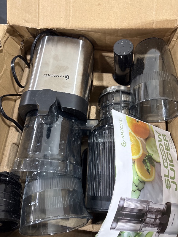 Photo 1 of AMZCHEF Cold Press Juicer, Juicers Machines - 5.2" Large Feed Chute for Whole Fruits & Vegetables, Stainless Steel Slow Masticating Juice Easy to Clean, Large Auger, Triple Strainers, Silver