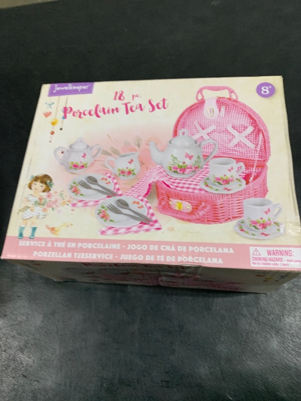 Photo 1 of Jewelkeeper Tea Party Set for Little Girls - 18 Piece Toddler Tea Set with Floral Porcelain, Pink Wicker Basket, Utensils for Imaginative Pretend Play - Encourages Creativity and Social Skills