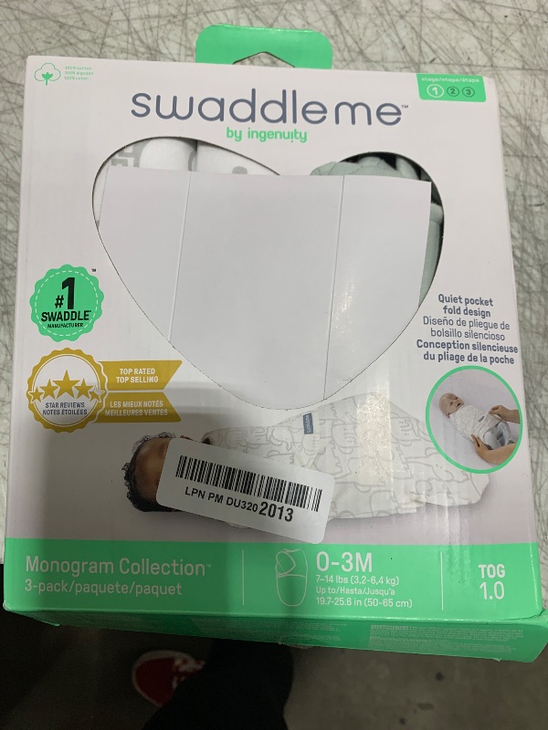 Photo 1 of SwaddleMe by Ingenuity Monogram Collection Baby Swaddle, 100% Cotton, Improves Sleep & Calms Startle Reflex, 0-3 Months, Pocket Fold Design for Easy Changes, 1.0 TOG, 3-Pack - Elephant Dance