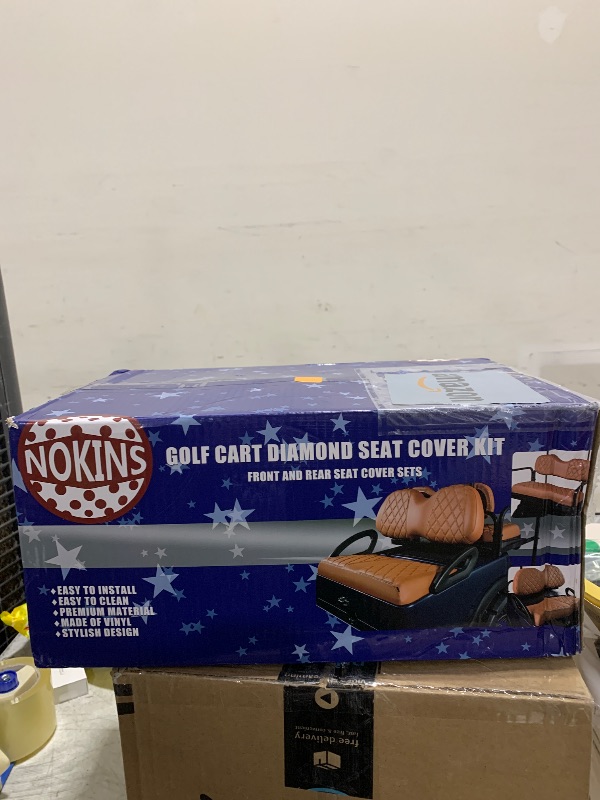 Photo 1 of NOKINS 4PCS Golf Cart Diamond Seat Covers Kit, Front&Rear Seat Covers Fits EZGO TXT 1994-2013/EZGO RXV Original Regular Seat Cushion, EZGO Vinyl Seat Cover Accessories, No Staples(Brown Brown 8438)