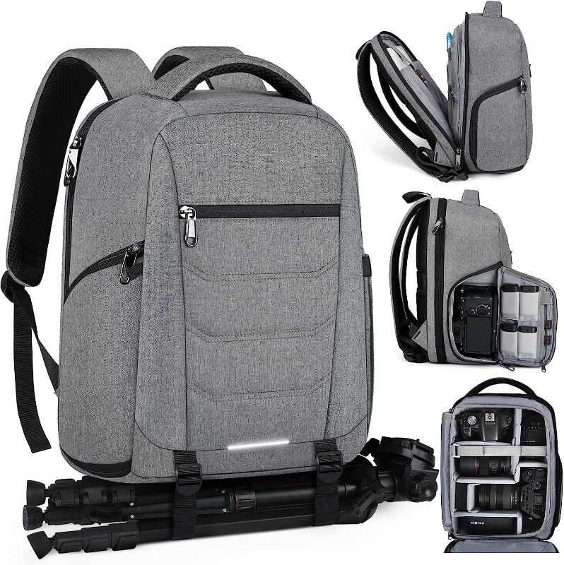 Photo 1 of SDYSM Camera Bag Backpack Professional for DSLR SLR Mirrorless Camera Waterproof Laptop Back Pack 14 Inch with Rain Cover Anti Theft Travel Case Large Capacity Photography Backpack Grey