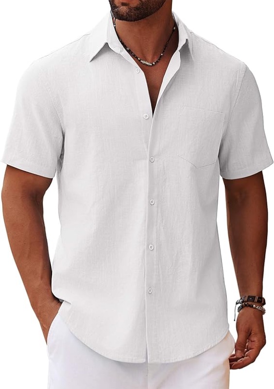 Photo 1 of COOFANDY Men's Button Down Short Sleeve Shirt Casual Cotton Summer Beach Linen Wedding Shirts with Pocket