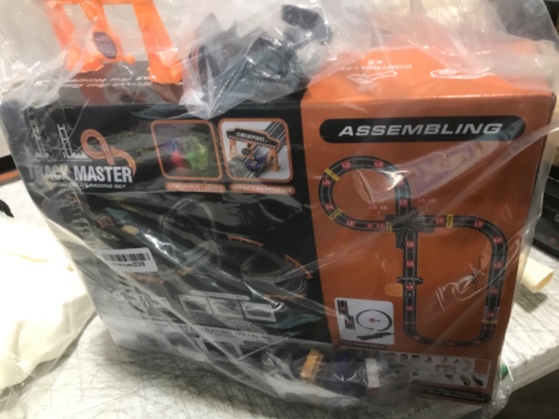 Photo 1 of Slot Car Race Track Sets with 4 Slot Cars, Electric Race Car Track Include Slope Circular Overpass Track, Dual Racing Game Featuring Flash Bridge and Pendulum, Gifts Toys for Boys Kids Age 6 7 8-12