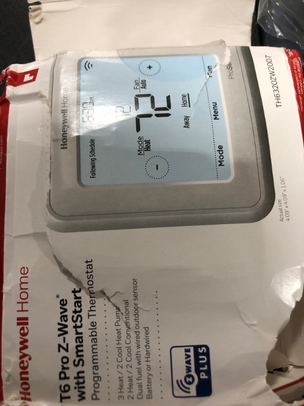 Photo 2 of Honeywell Home TH6320ZW2007/U Z-Wave T6 Pro Programmable Touchscreen Thermostat with SmartStart, Low Voltage, UWP Mounting System, Cover Plate, Color - White